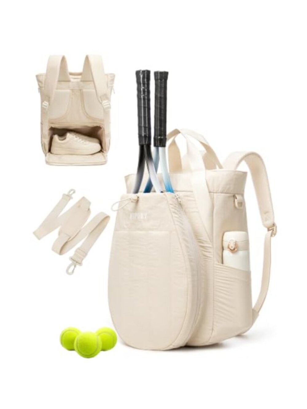 3-in-1 Tennis Bag Crossbody Tote Backpack Holds 2 Rackets Water Resistant